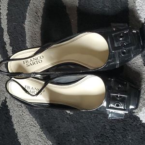 Franco Sarto black patent pumps with buckle details
